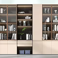 Modern Bookcase With Glass Doors Books Decorative Items Green Plant And Storage Boxes