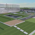 Modern Hospital Building With Glass Curtain Walls And Green Lawn Area