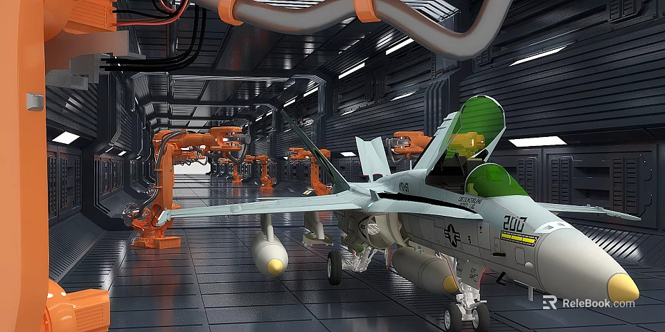 Fighter Jet in Industrial Factory with Robotic Arms and Manufacturing Equipment 3d model 