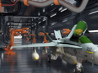Fighter Jet in Industrial Factory with Robotic Arms and Manufacturing Equipment 3d model