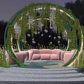 Serene Nighttime Waterfront Lounge With Circular Arch Green Vines Pink Sofas And White Flowers