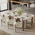 Modern Marble Dining Table With Woven Chairs In Open Kitchen With Natural Light 3d model
