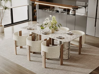 Modern Marble Dining Table With Woven Chairs In Open Kitchen With Natural Light 3d model