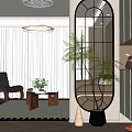 Modern Entryway Hallway With Black Arched Glass Partition White Storage Cabinets And Green Plants