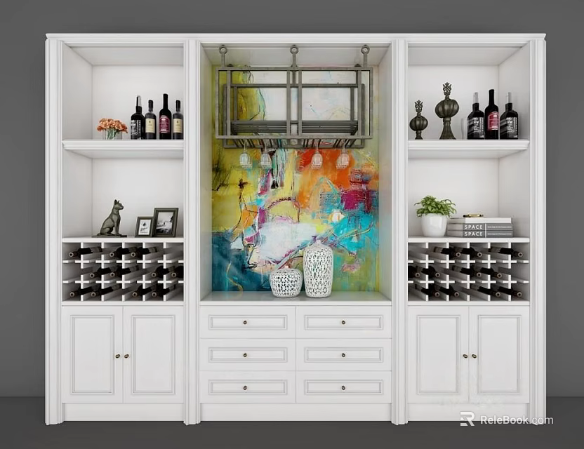 White Wine Cabinet With Wine Bottles Decorative Artwork Drawers And Cabinets 3d model 