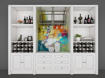 White Wine Cabinet With Wine Bottles Decorative Artwork Drawers And Cabinets 3d model