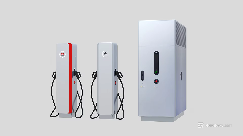Three Modern White EV Chargers With Red Stripe And Charging Ports 3d model 