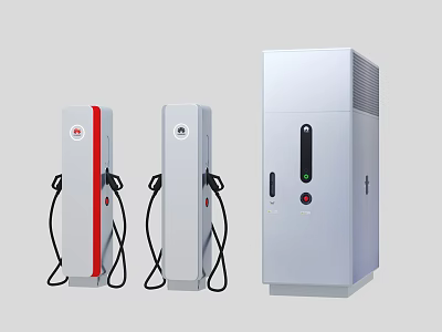 Three Modern White EV Chargers With Red Stripe And Charging Ports 3d model