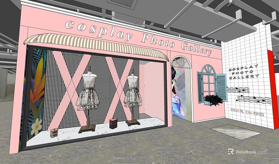 Cosplay Photo Gallery Pink Shop Window With Mannequins And Cosplay Costumes 3d model 