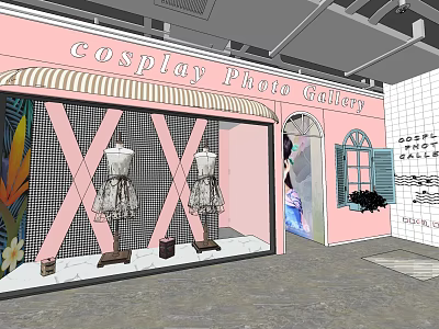 Cosplay Photo Gallery Pink Shop Window With Mannequins And Cosplay Costumes 3d model