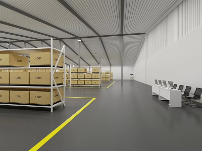 Large Warehouse Interior With Storage Shelves Cardboard Boxes And Office Workspace Area 3d model
