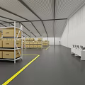 Large Warehouse Interior With Storage Shelves Cardboard Boxes And Office Workspace Area