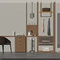 Modern Wooden Wardrobe With Hanging Clothes Area Drawers Shelves Table Chair And Pendant Light