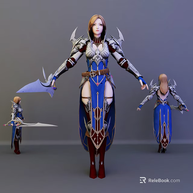 Detailed Fantasy Game Movie Character In Blue White Armor With Silver Accents And Sword 3d model 