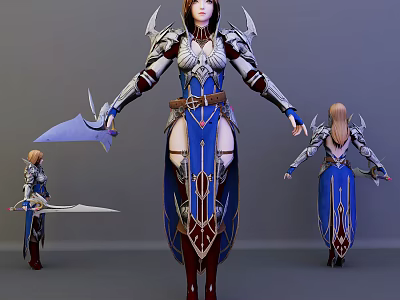 Detailed Fantasy Game Movie Character In Blue White Armor With Silver Accents And Sword 3d model