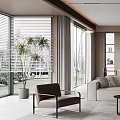Modern Living and Dining Room Interior With Sofa Dining Table And Floor to Ceiling Windows