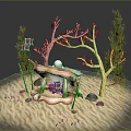 Decorative Miniature Scene With Pink Structure White Sphere Red Coral Green Foliage Sand And Stones