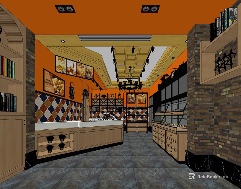 Dessert Shop Interior Design With Orange Walls Display Cases And Brick Accents 3d model 