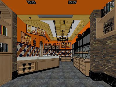 Dessert Shop Interior Design With Orange Walls Display Cases And Brick Accents 3d model