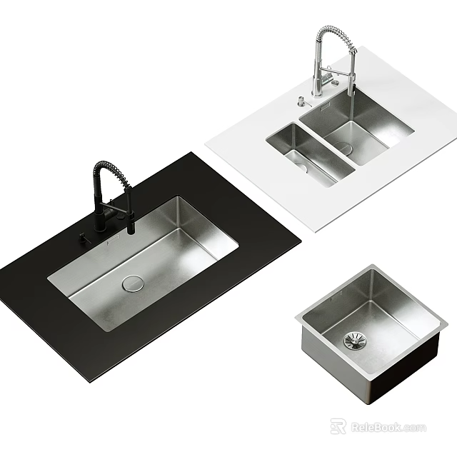 Stainless Steel Kitchen Sink with Single and Double Bowl Modern Countertop Design 3d model 