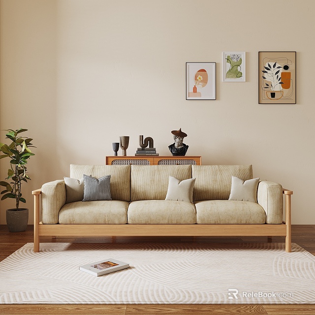 Beige Three Seater Sofa With Wooden Frame Soft Cushions Green Plant And Wall Art 3d model 