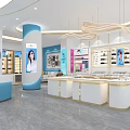 Optical Store Interior With White Display Counters Blue Decor Logo And Modern Pendant Lights 3d model
