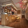 Japanese Style Restaurant Interior With Cherry Blossom Decorations Wooden Bar And Lanterns