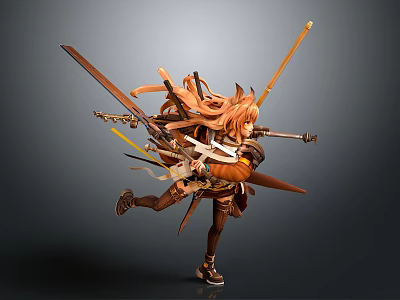 Fantasy Game Character With Fox Ears Long Orange Hair Wielding Multiple Swords Dynamic Pose 3d model