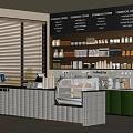 Modern Café Interior With Counter Display Case Coffee Beans Window Blinds And Menu Board
