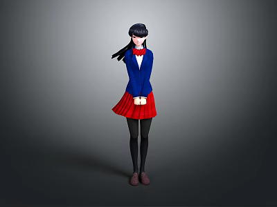 Anime Game Movie Character With Black Hair Blue Coat Red Bow Tie Red Pleated Skirt 3d model