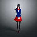 Anime Game Movie Character With Black Hair Blue Coat Red Bow Tie Red Pleated Skirt