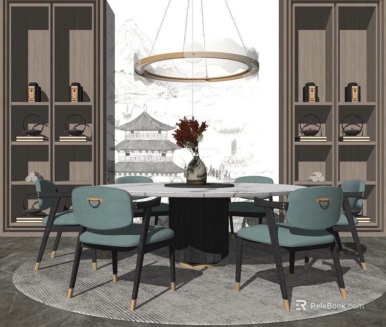 Elegant Dining Table Set with Blue Chairs Marble Top Chandelier and Large Window 3d model