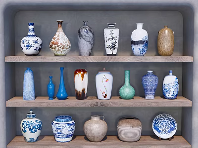 Various Ceramic Vessels Displayed On Wooden Shelves With Blue And White Patterns And Different Shapes 3d model