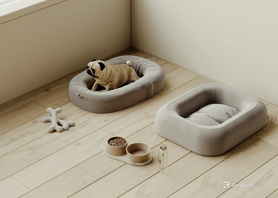 Cozy Grey Pet Lazy Sofa with Puppy Dog Bone and Food Bowls on Wooden Floor 3d model 