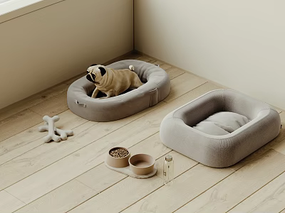 Cozy Grey Pet Lazy Sofa with Puppy Dog Bone and Food Bowls on Wooden Floor 3d model