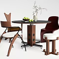 Modern Round Dining Table Set With Wooden Chairs Stool And Fruit Decor 3d model