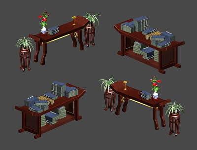 Classic Wooden Desk Setup With Stacked Books Green Plants And Red Flower Vase 3d model