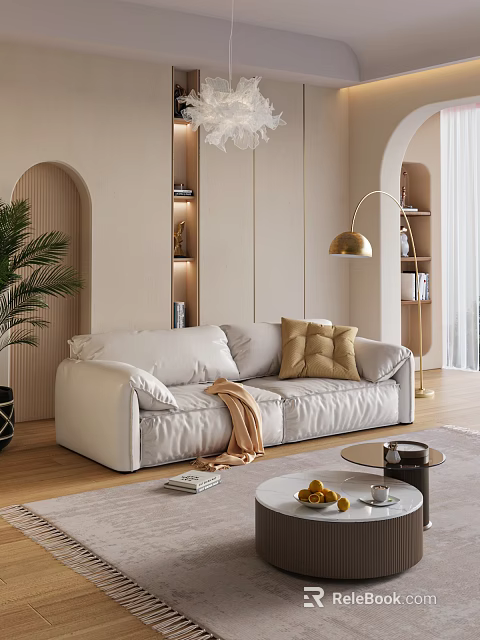 White Double Sofa with Yellow Pillows and Blanket in Modern Minimalist Living Room 3d model 