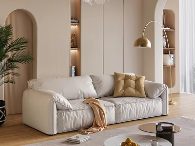 White Double Sofa with Yellow Pillows and Blanket in Modern Minimalist Living Room 3d model