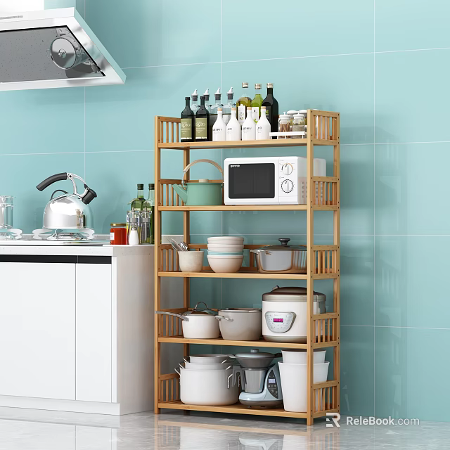 Bamboo Tiered Kitchen Storage Rack for Microwave Bowls Pots Condiment Bottles in Light Blue Kitchen 3d model 