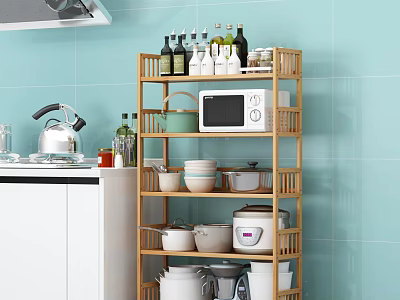 Bamboo Tiered Kitchen Storage Rack for Microwave Bowls Pots Condiment Bottles in Light Blue Kitchen 3d model