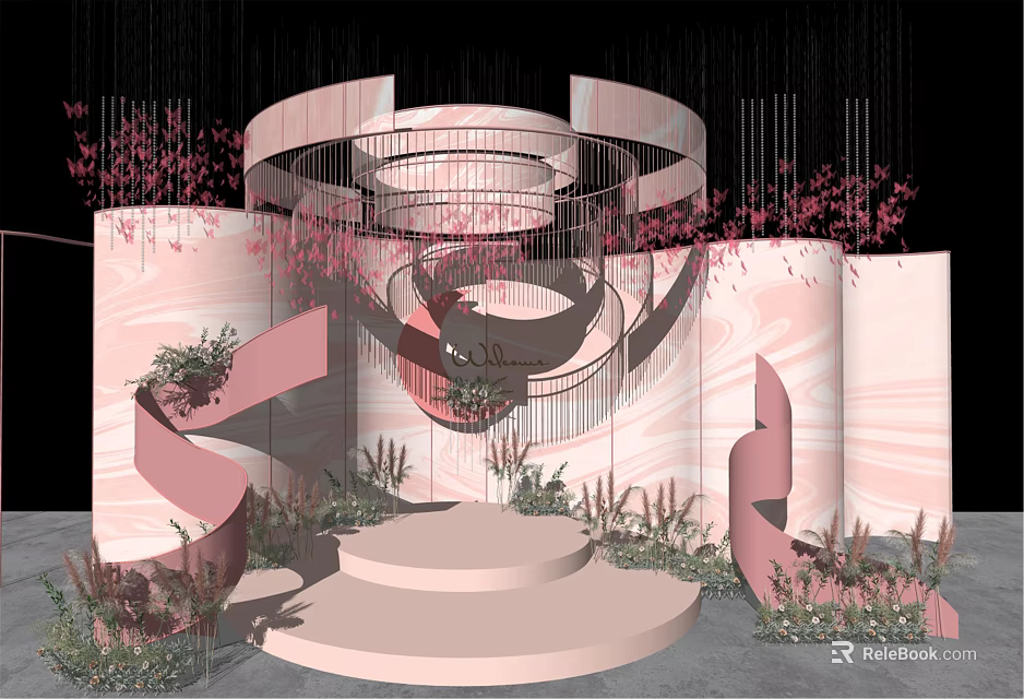 Elegant Pink Window Display Decoration With Spiral Structure Circular Platform And Hanging Greenery 3d model 