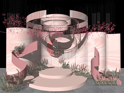 Elegant Pink Window Display Decoration With Spiral Structure Circular Platform And Hanging Greenery 3d model