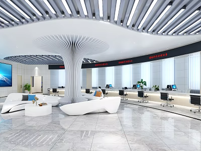 Modern Service Hall Design With Tree Shaped Decoration Marble Floor Workstations Computers And Green Plants 3d model