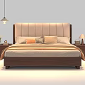 Double Bed with Upholstered Headboard and Wooden Frame Flanked by Nightstands with Table Lamps and Pillows