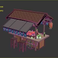 Traditional Street Food Stall Featuring Red Tile Roof Purple Awning Blue Signs And Red Lantern