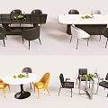 Modern Dining Table Set With Rectangular Round Tables And Black White Yellow Chairs 3d model