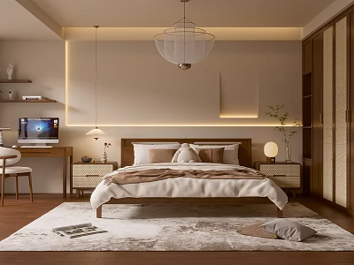 Modern Cozy Bedroom Interior With Wooden Bed Pendant Light Area Rug And Plants 3d model