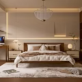 Modern Cozy Bedroom Interior With Wooden Bed Pendant Light Area Rug And Plants