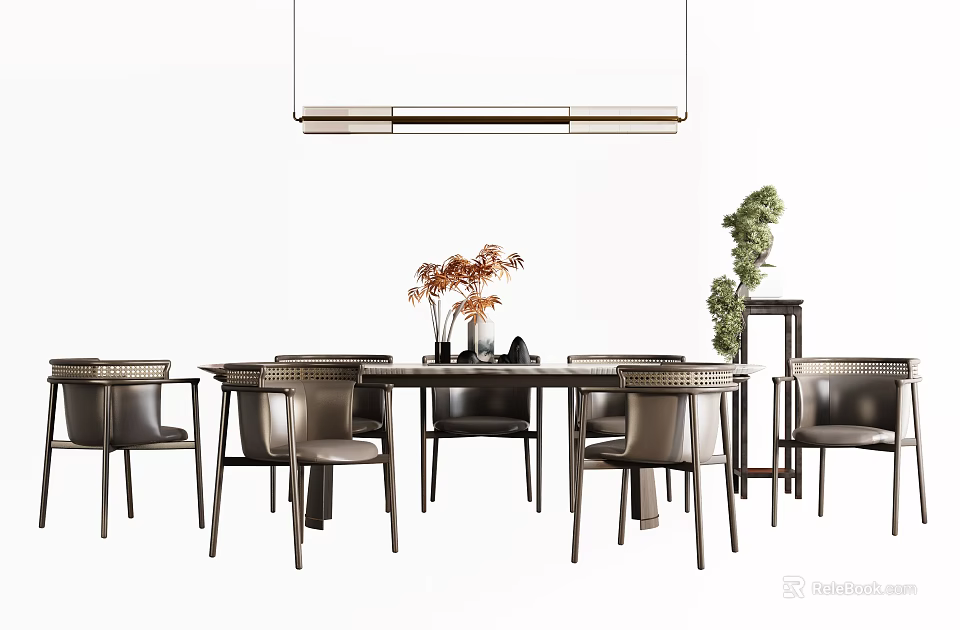 Modern Round Dining Table Set With Leather Chairs And Hanging Pendant Light 3d model